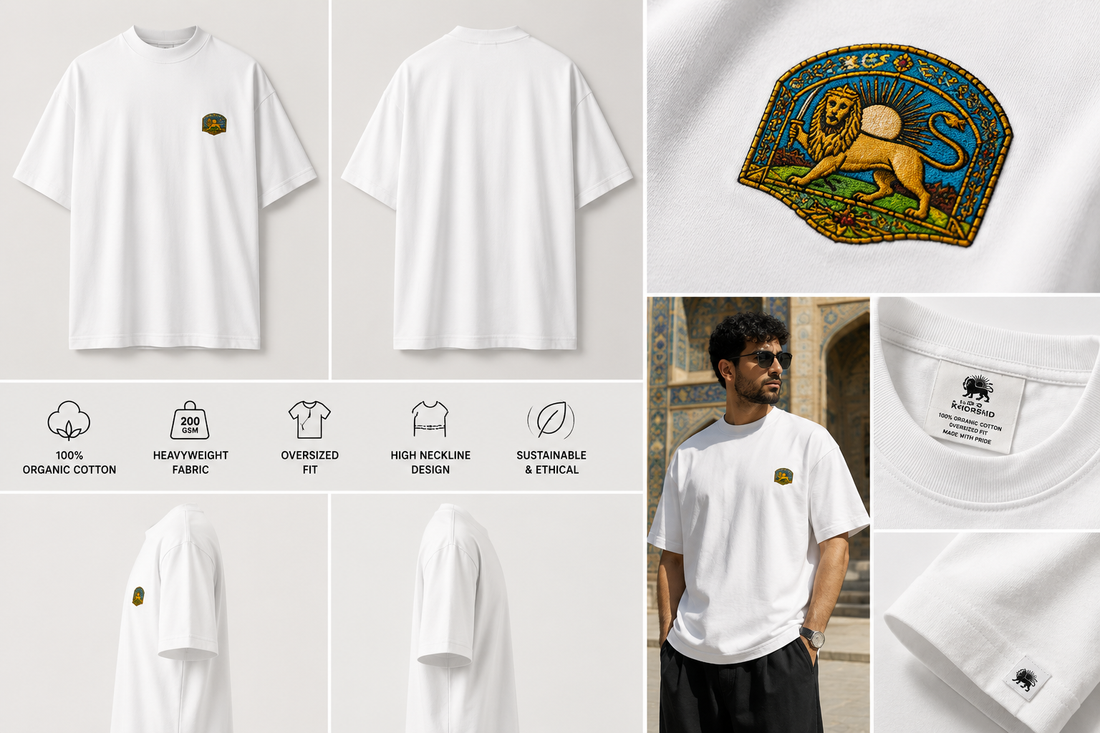 Persian Lion embroidered design on premium organic oversized T-shirt.
