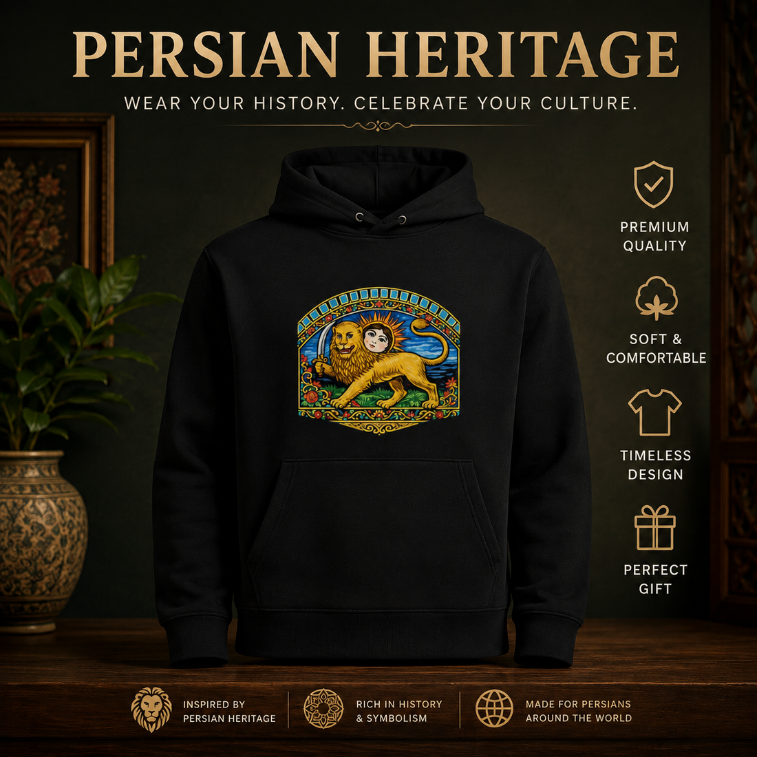 Persian Lion and Sun hoodie inspired by ancient Persian history and Iranian cultural heritage, featuring the iconic Shir o Khorshid emblem.