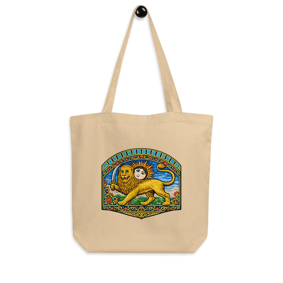 Oyster-colour Persian Lion and Sun tote hanging by its matching handles