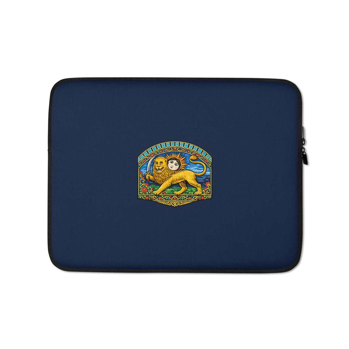 Navy laptop sleeve with colourful Persian Lion and Sun artwork