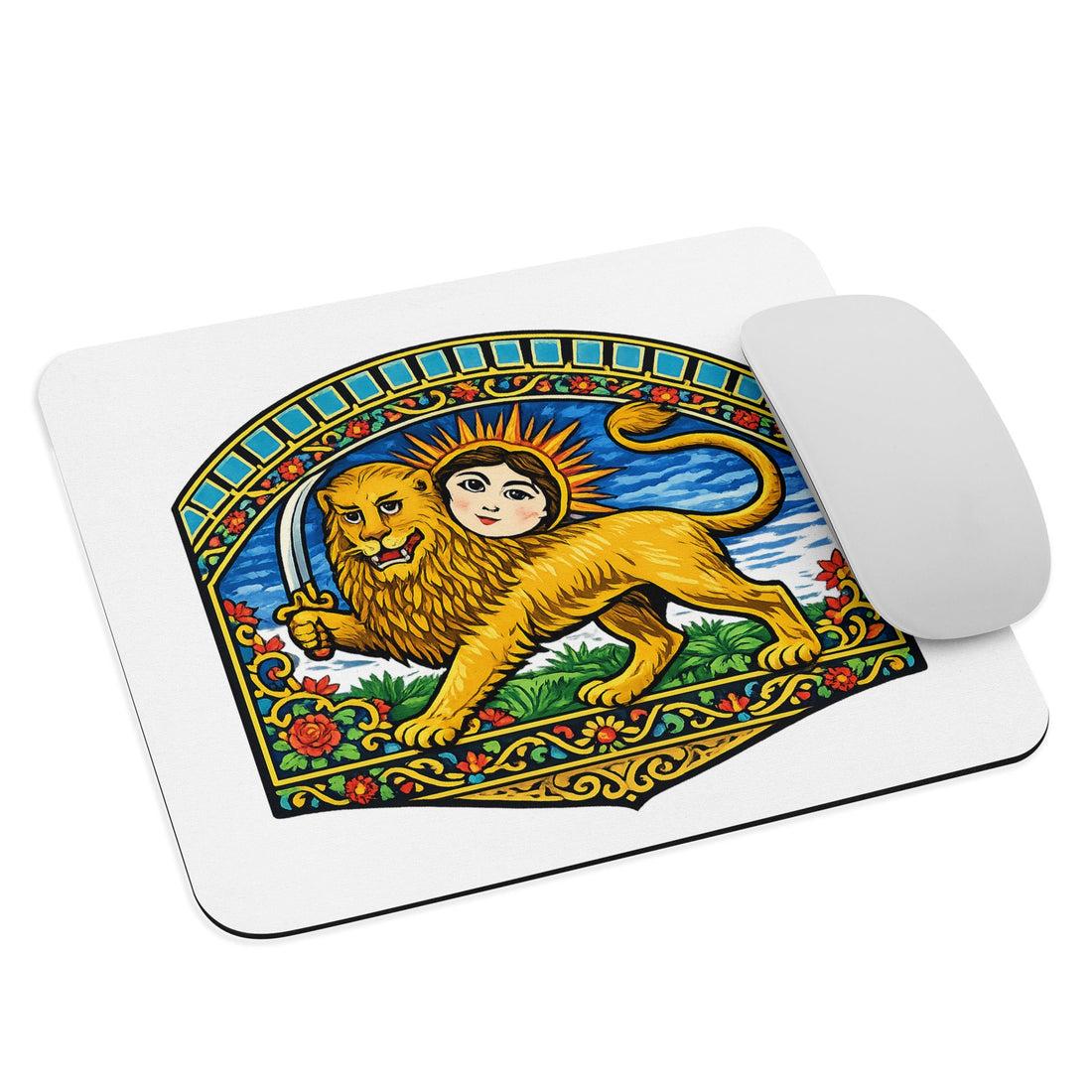 Persian Lion and Sun mouse pad shown at an angle with a white mouse