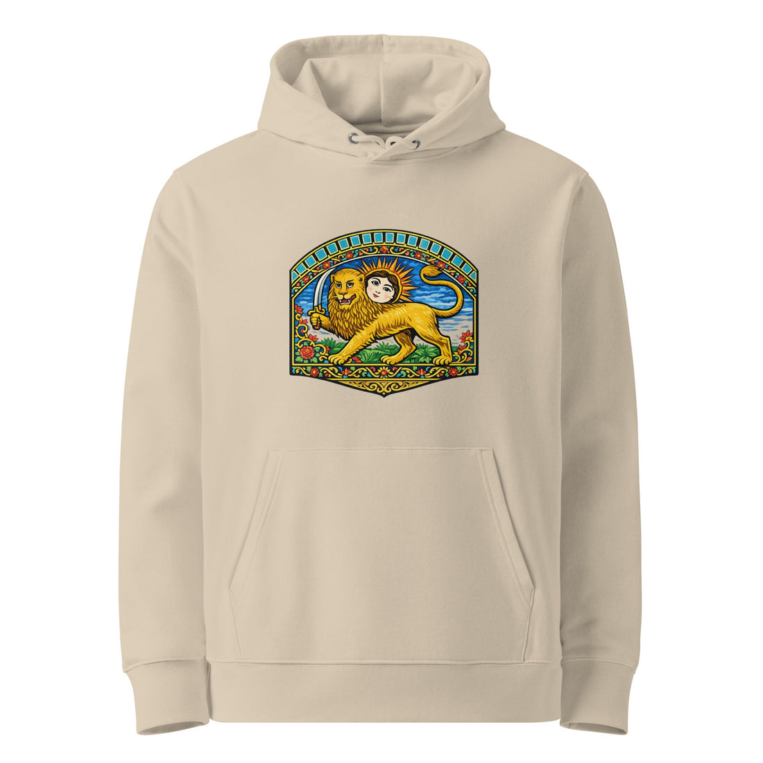 Desert Dust Persian Lion and Sun Heritage Hoodie, front catalog view