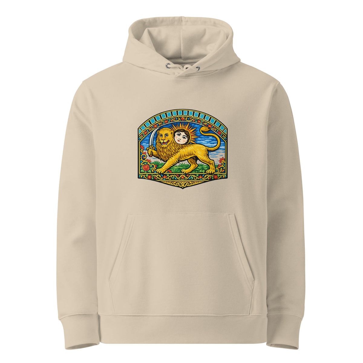 Desert Dust Persian Lion and Sun Heritage Hoodie, front catalog view