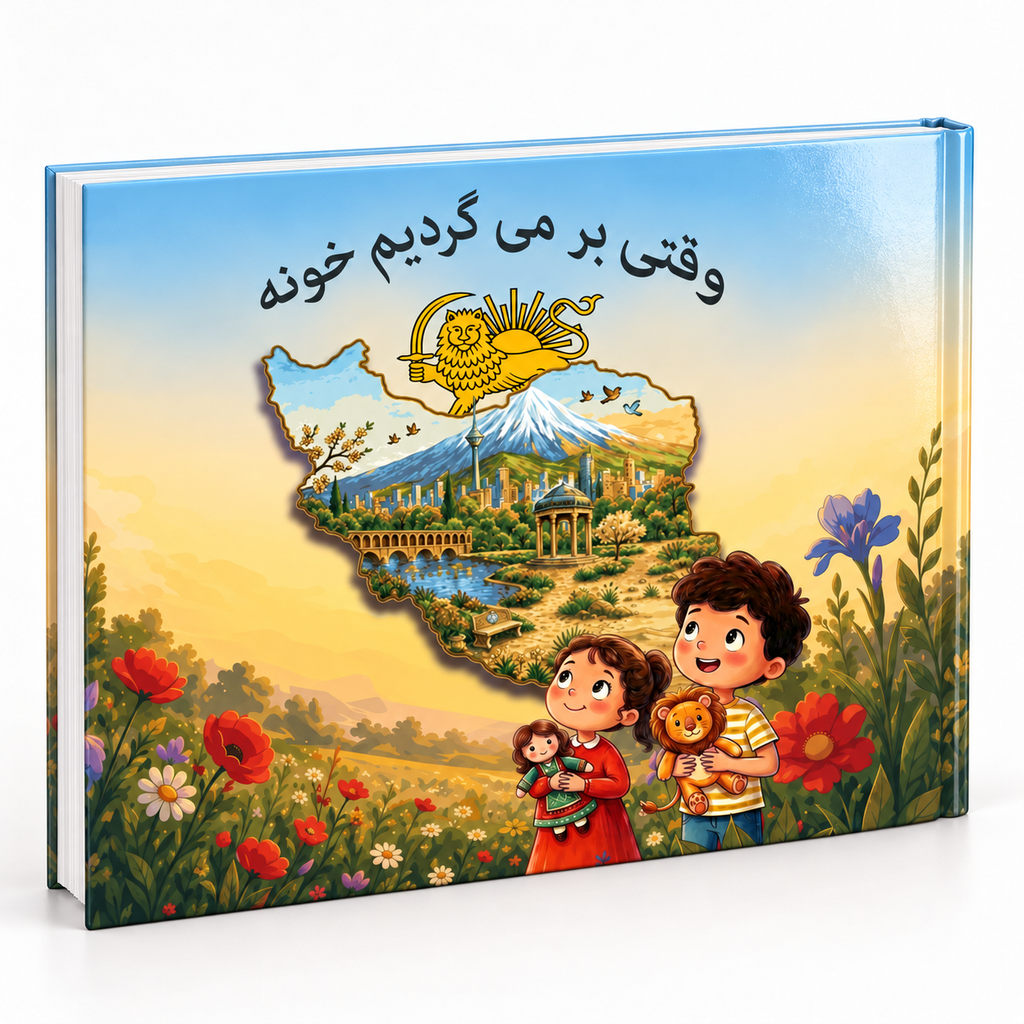 Front cover of When We Return Home, a Persian children’s hardcover book, with two children and an illustrated map of Iran