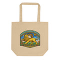 Tan canvas tote bag with matching handles and a Persian Lion and Sun emblem on the front