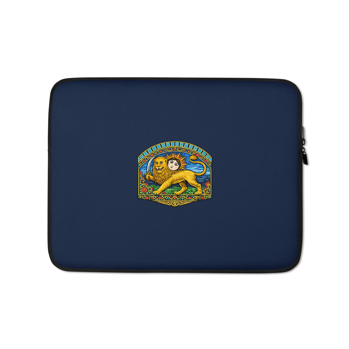 Navy blue laptop sleeve with Persian Lion and Sun emblem centered on the front