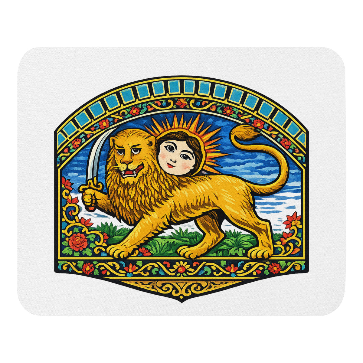 White mouse pad with a large Persian Lion and Sun emblem covering most of the pad