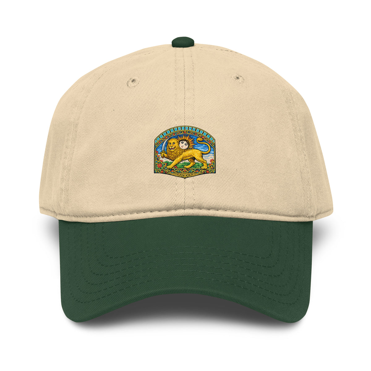 Tan baseball cap with a dark green brim, featuring a Persian Lion and Sun emblem on the front panel