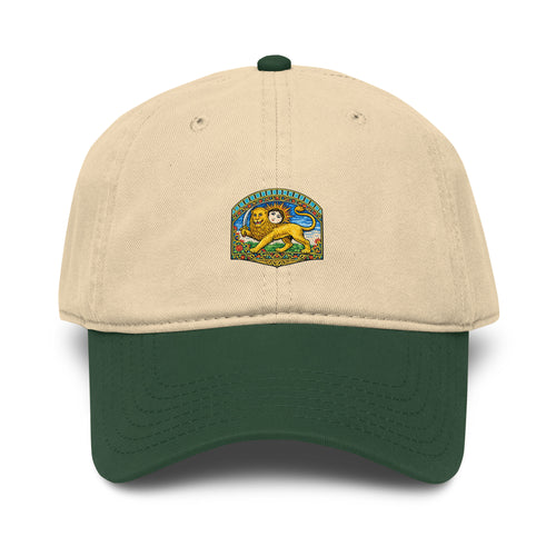 Tan baseball cap with a dark green brim, featuring a Persian Lion and Sun emblem on the front panel