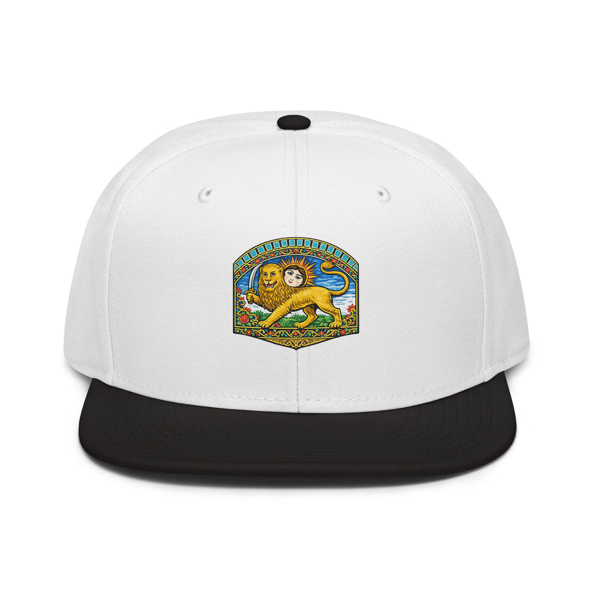 White snapback hat with a black flat brim, featuring a Persian Lion and Sun emblem on the front panel