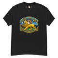 Black t-shirt with a Persian Lion and Sun emblem on the chest and a small neck label