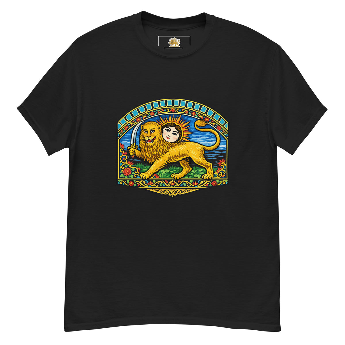 Black t-shirt with a Persian Lion and Sun emblem on the chest and a small neck label