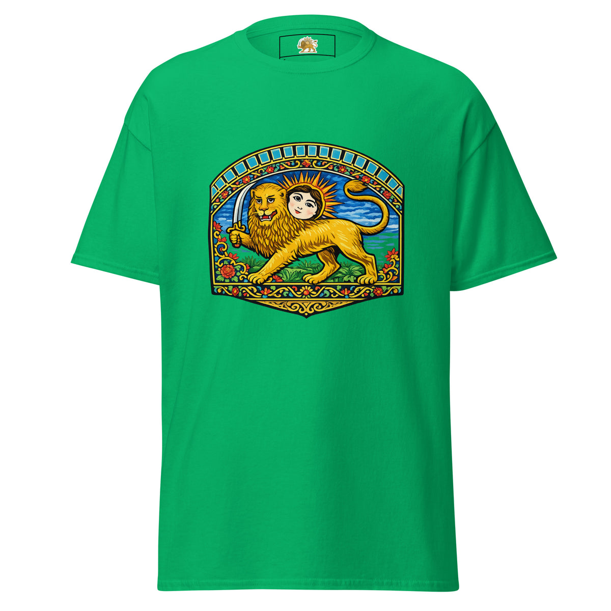 Irish green T-shirt with Persian Lion and Sun artwork on the front and a printed inside neck label