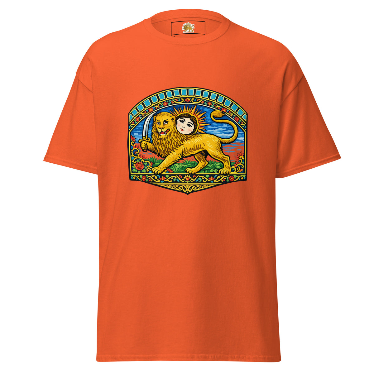 Orange T-shirt with Persian Lion and Sun artwork on the front and a printed inside neck label