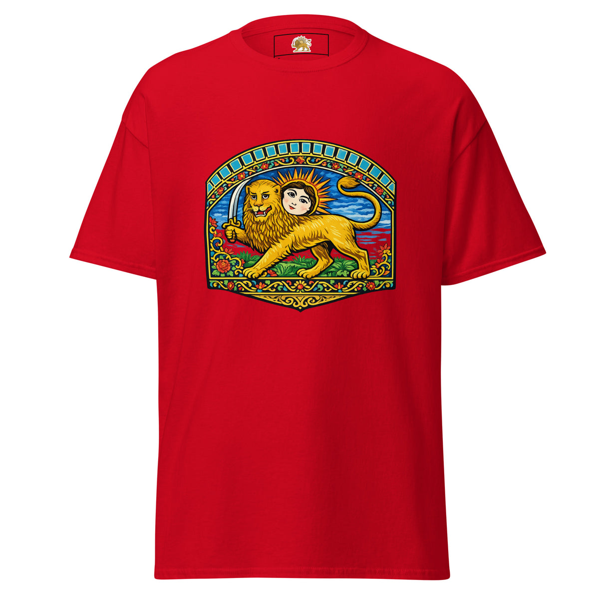 Red T-shirt with Persian Lion and Sun artwork on the front and a printed inside neck label