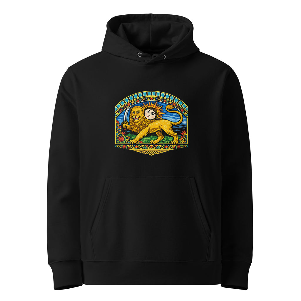 Black hoodie with a Persian Lion and Sun emblem on the chest, showing a lion holding a sword beneath a sun with a human face