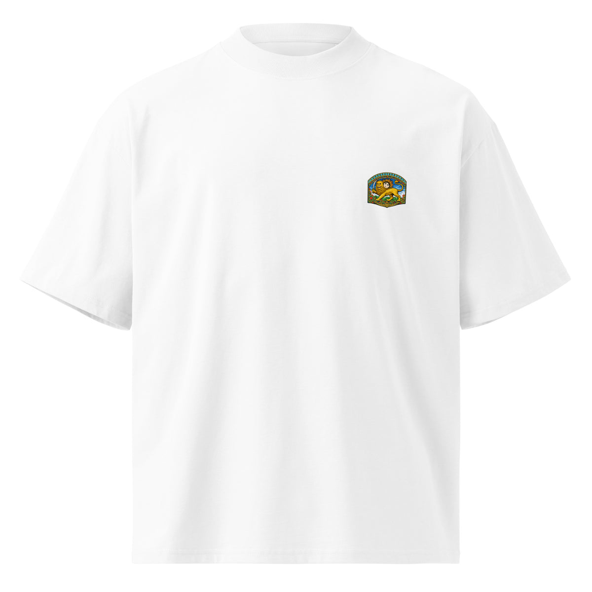 White oversized t-shirt with a small Persian Lion and Sun emblem on the upper right chest